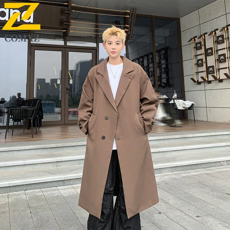 

COMXZ Korean Style Trench Coat Men Autumn Winter Trend Longline Knee Length Overcoat outdoor sports lightweight windbreaker 2025