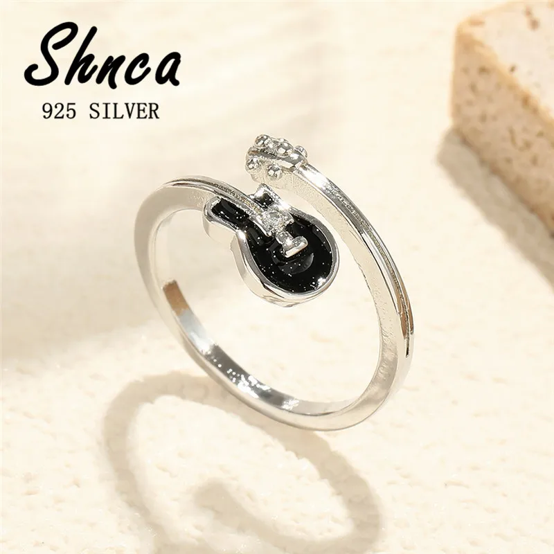 Punk Rock 925 Sterling Silver Black Guitar Note Zircon Open Rings For Women Girl Gift Anti-Allergy LR316