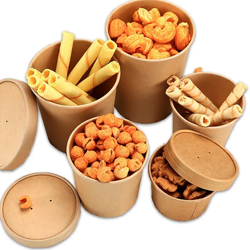 

Large Capacity 50pcs/pack Disposable Kraft Paper Bowl with Paper Lid Eco Takeaway Thick Paper Box Food Fruit Package Paper Cup