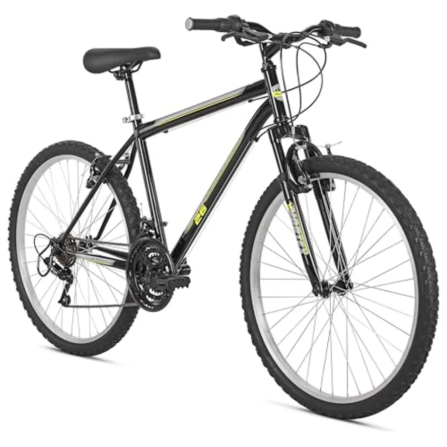 

Mountain Sport Bike for youth and adults: 24/26 inch steel frame, black, 18-speed with front suspension fork, knobby tires, twi