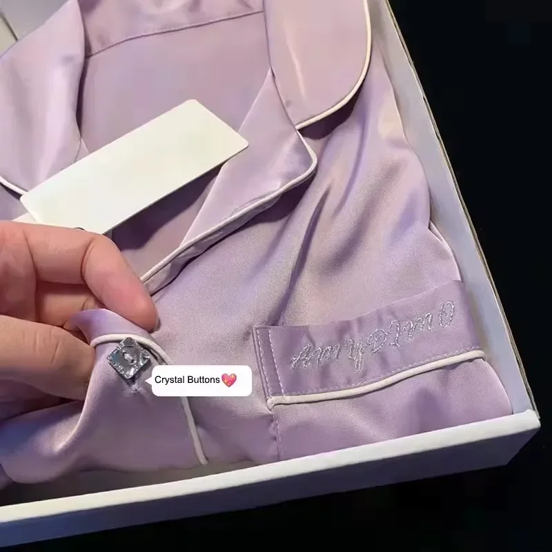 Wysokiej jakości piżama damska z jedwabiu lodowego w stylu lekkiego luksusu, wiosenno-jesienna, z długim rękawem, zestaw domowy, bielizna nocna, odzież do spania.