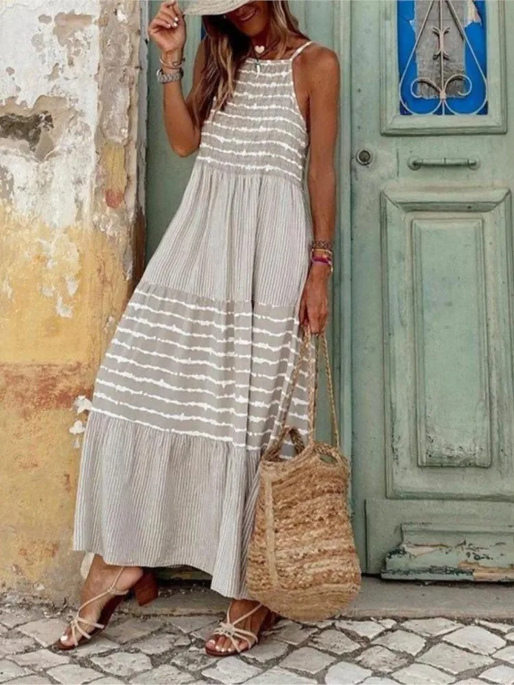Summer Fashion Long Dress Women Boho Round Neck Sling Dresses Striped Sleeveless Loose Streetwear Print Loose Casual Vestidos