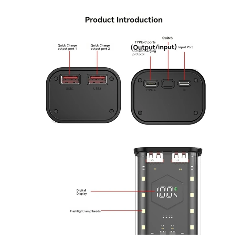 21700 DIY Power Bank Case obsługuje 4X21700 baterii PD20W Powerbank Case ekran LED przezroczysta obudowa do przechowywania baterii