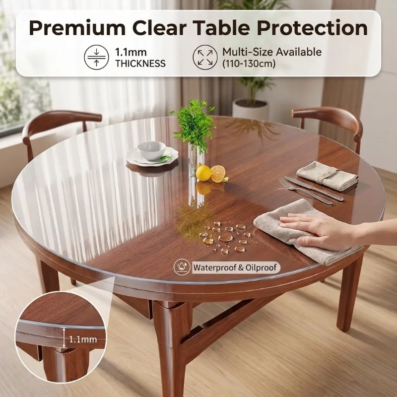110/120/130cm Round PVC Tablecloth 1.1mm Thick Clear Frosted Table Cover Waterproof Oil-Proof Dining Desk Protector Plastic Film