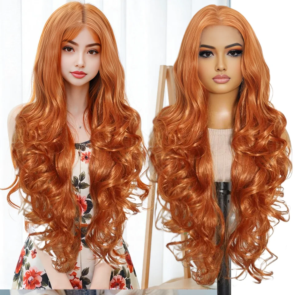 

Ginger Bio Synthetic 13X6 Body Wave Lace Frontal Wigs 30" Heat Resistant Swiss Transparent Lace Wigs Body Wave Lace Front Wigs