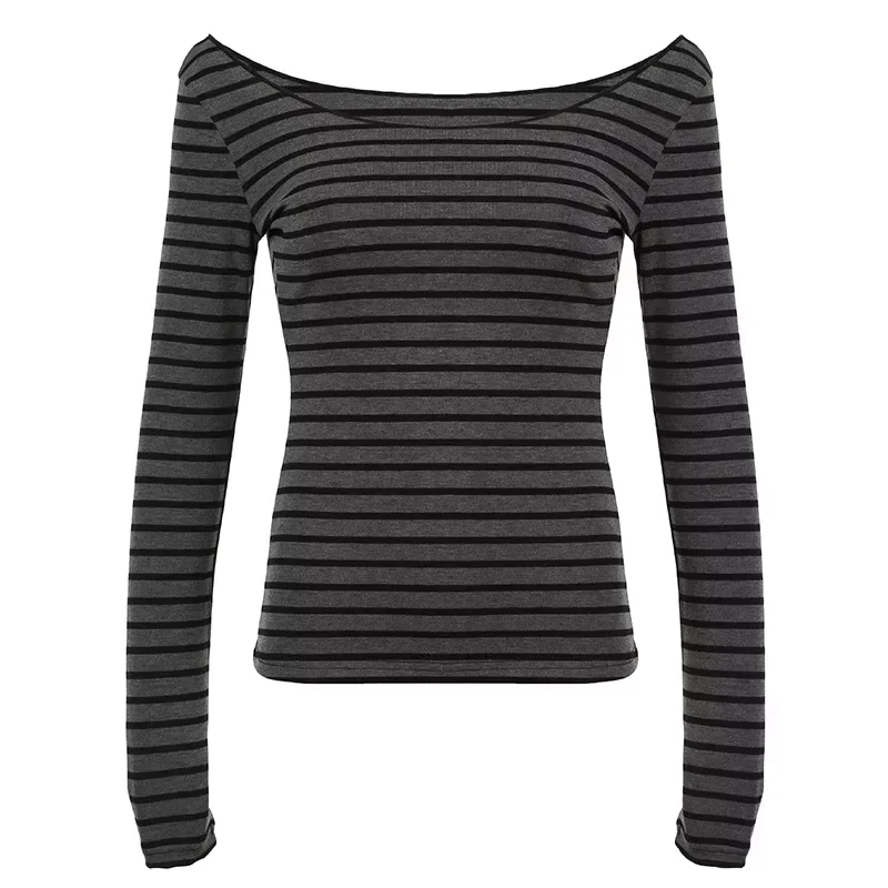 Camiseta de manga larga a rayas, estilo básico japonés, para mujer, primavera/otoño, sin tirantes, estilo callejero coreano, y2k, tops delgados.