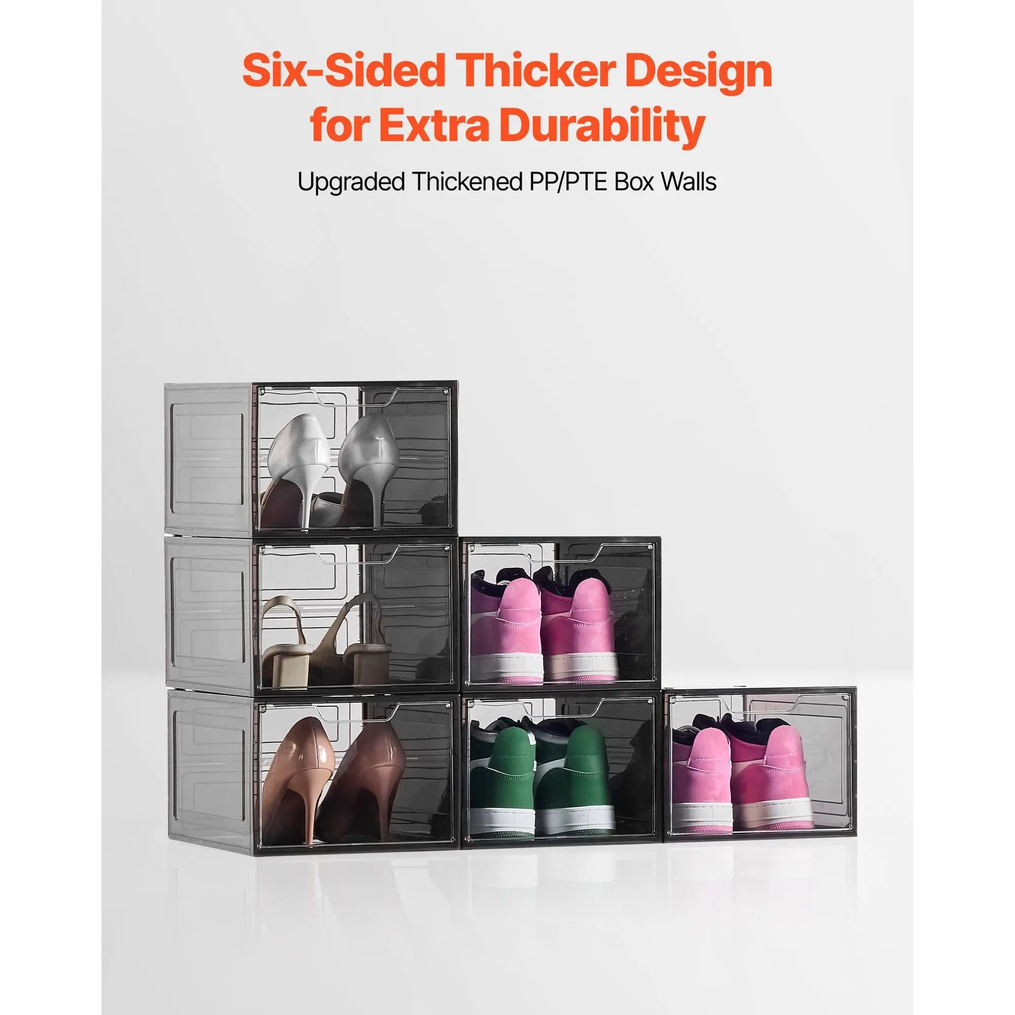 Stackable shoe cabinet storage box, transparent black plastic 6-piece pack, US size 13 household storage box.