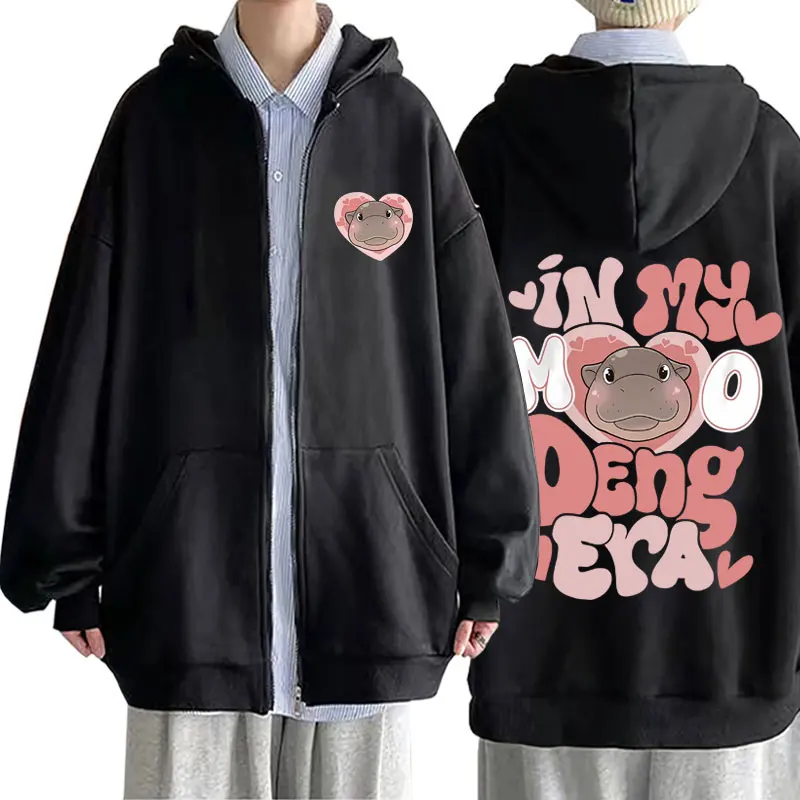 Di saya Moo Deng Era Lucu Meme Hoodie ritsleting bayi kuda nil ritsleting jaket Pria Wanita mode kasual bulu domba ukuran besar Hoodie ritsleting