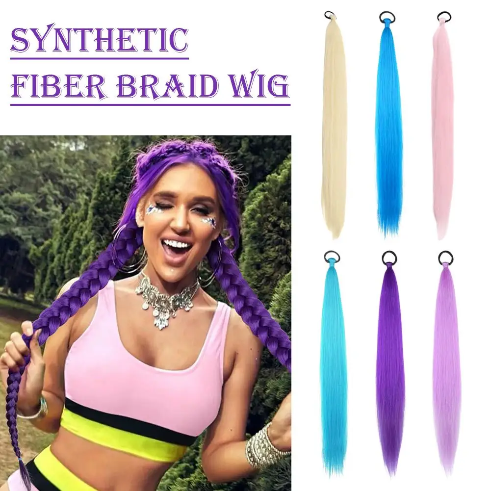 Queue de cheval droite synthétique avec attache élastique pour cheveux, Extensions capillaires tressées colorées, accessoires pour cheveux pour femmes