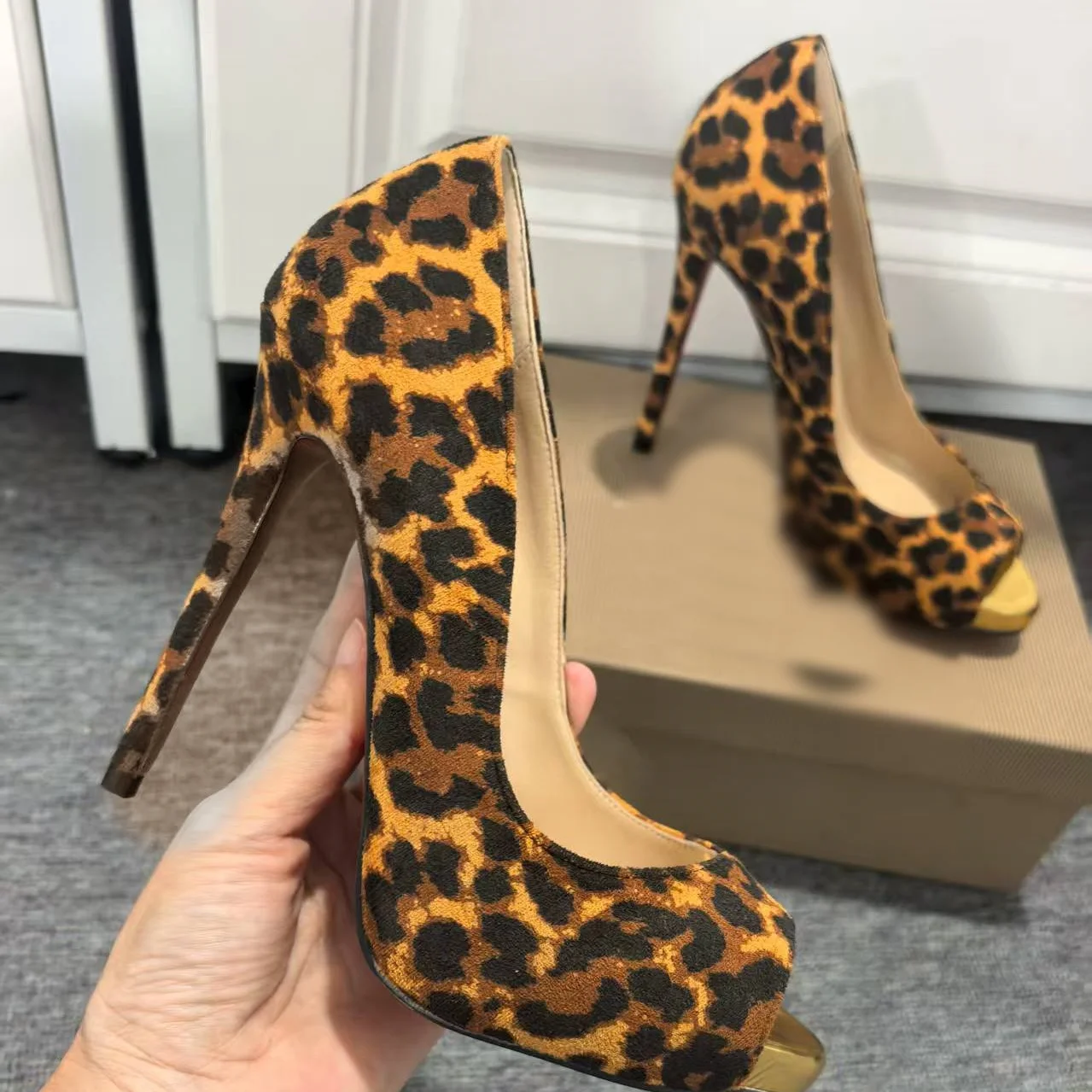 

Leopard Slip On Shallow Pumps Peep Toe Thin High Heel Fashion Sexy Cool Summer Big Size 2025 Woman Shoes Zapatillas Mujer