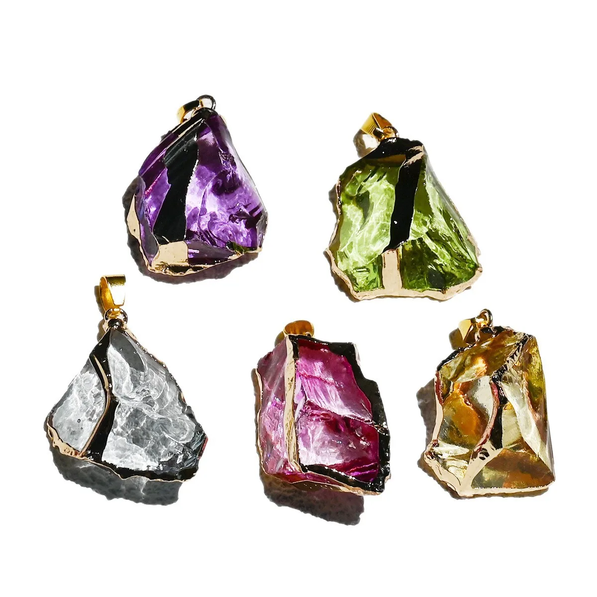 Colorful multi-color synthetic crystal electroplated gold edge pendant, rough ore irregular necklace sweater chain cross-border