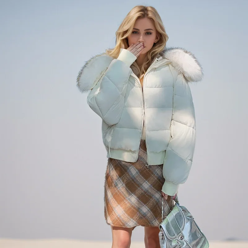 Damski płaszcz zimowy w stylu koreańskim, jednolity, zapinany na zamek błyskawiczny, z kapturem wykończonym sztucznym futrem, damska kurtka pikowana, minimalistyczny krótki płaszcz dla kobiet.