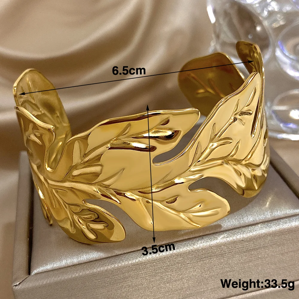 مكتنزة مطلية بالذهب الفولاذ المقاوم للصدأ الكفة الأساور للنساء لامعة لامعة كبيرة ورقة واسعة معصمه أساور مفتوحة مجوهرات مقاومة للماء