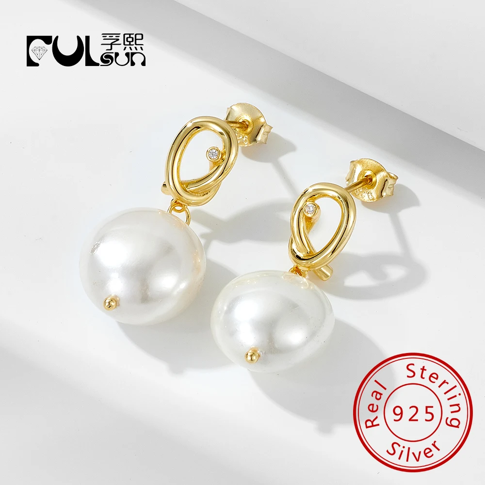 

Корейские серьги из стерлингового серебра 925 пробы с покрытием из 14-каратного золота, висячие серьги с большим жемчугом для женщин