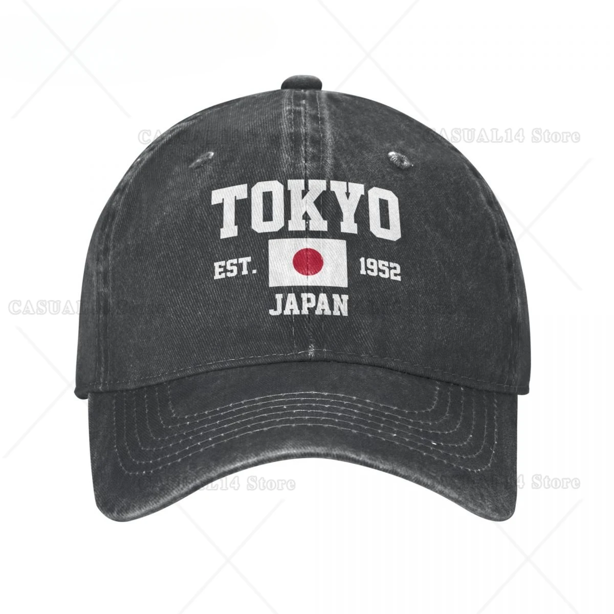 

Flag of Japan EST.1952 Tokyo Unisex Adult Charcoal Washed Denim Baseball Cap Men Vintage Cotton Dad Patriotic Trucker Hat