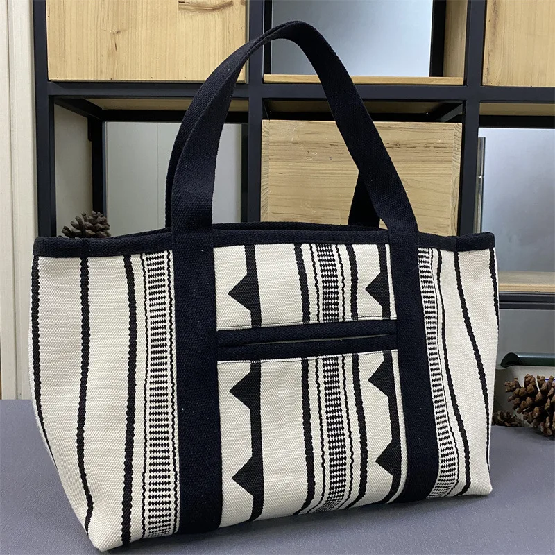 Thick Cloth Shoulder Tote Bag For Women Causal Letters Print Canvas Shopper Bag Large Capacity Stripe Shopping Hangbag