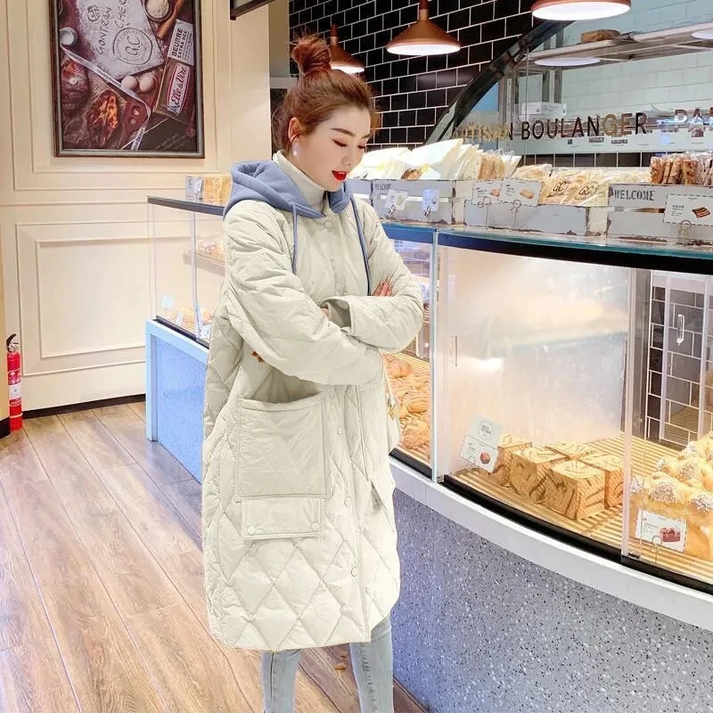 

Women's Winter Coat Splicing Hooded Long Sleeve Top Cotton-padded Jacket Loose Warm Plaid Casual Quilted Parkas Female Clothes