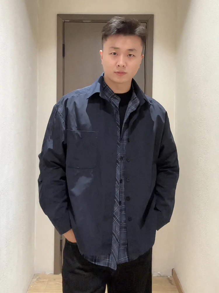 

Light Blue Plaid Long Sleeve Shirt Men's Mature Style Patchwork Design Outerwear Casual Loose Fit Autumn Season Polyester Fiber