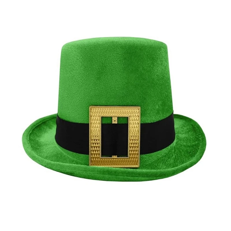 StPatrick Day Green Hat with Gold Buckle Roll Brims Tall Hat Irish National Day Celebration Party Hat Festival Accessory