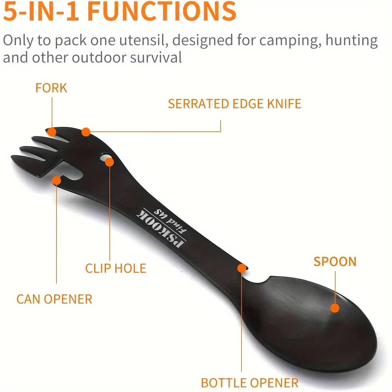 PSKOOK Outdoor Survival Tools 5 in 1 Camping Multi-functional EDC Kit Practical Fork Knife Spoon Bottle/Can Opener image 9
