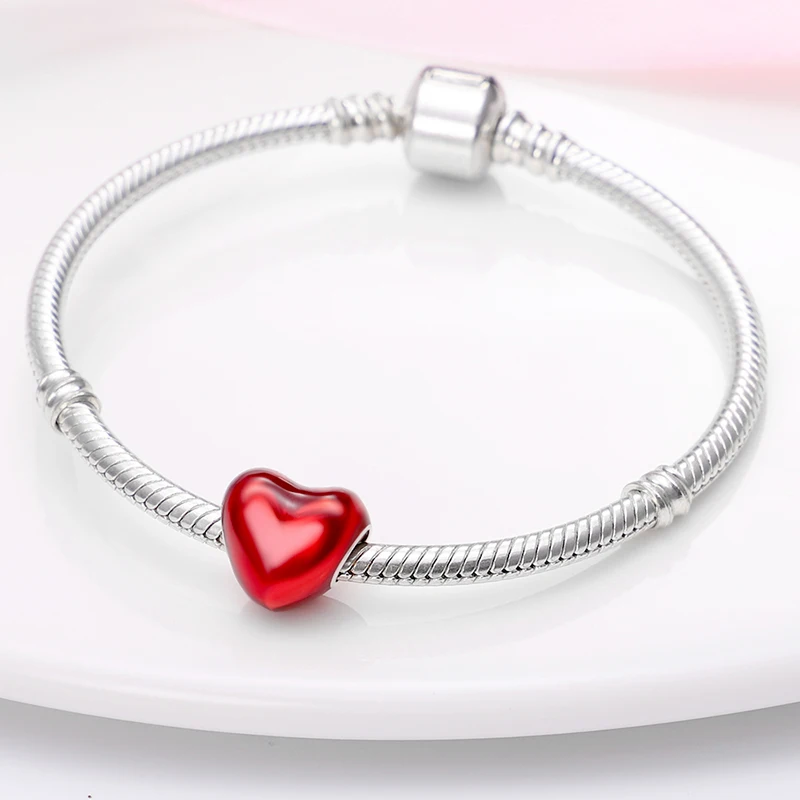 2024 Hot Sale Gradient Red Heart Shaped Charm Beads Fits Pandach Original Bracelet Women Silver Pendant Beads DIY Jewelry Gift