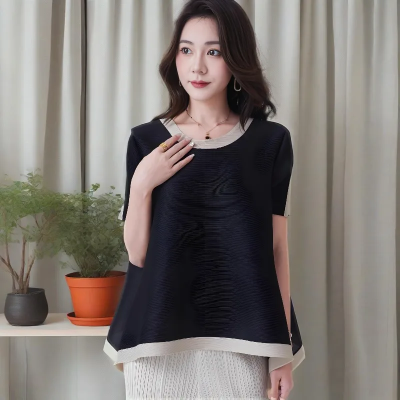 

Miyake Pleated Women's Print T-Shirt Summer Korean Style Vintage Pleats Short Sleeve Cotton Casual Streetwear Comfortable