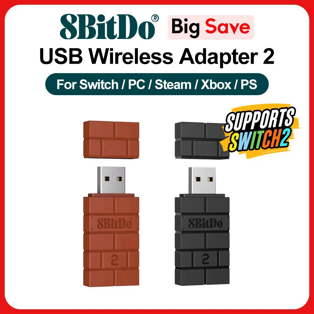 8BitDo USB Wireless Bluetooth Adapter 2 Empfänger für NS Switch 1, 2 PS1 Mini Windows für PS4 PS5 Xbox Series X/S Griff