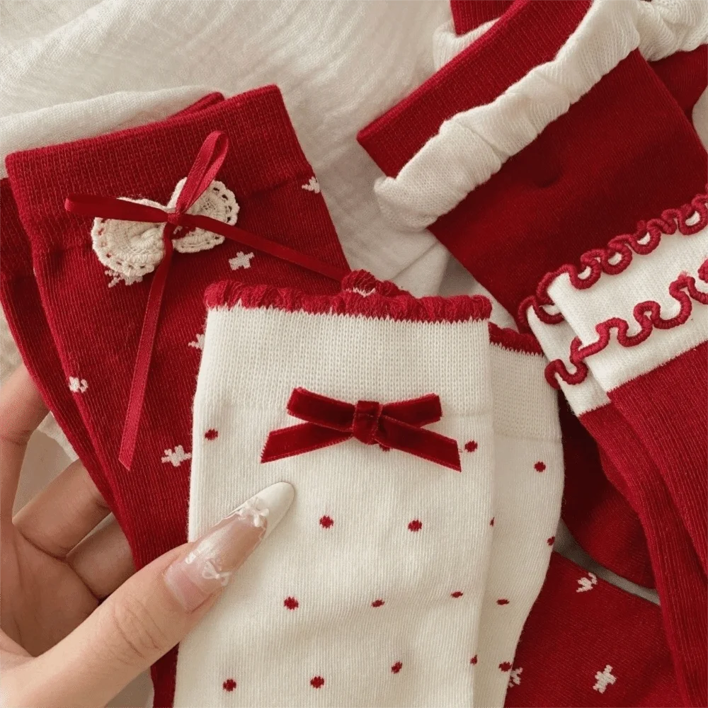 العصرية اللون الأحمر الحلو فتاة الجوارب طبقة مزدوجة مريحة القوس الجوارب القطن تنفس منتصف أنبوب الجوارب الاستخدام غير رسمي #4