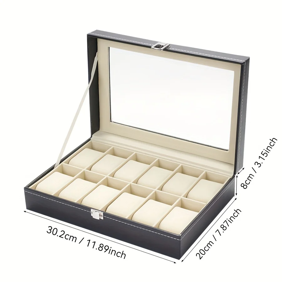 Organizador de relojes de 1 pieza: vitrina de 12 ranuras con cerradura y almohadas extraíbles |   Almacenamiento de cuero sintético para hombres/regalos/viajes