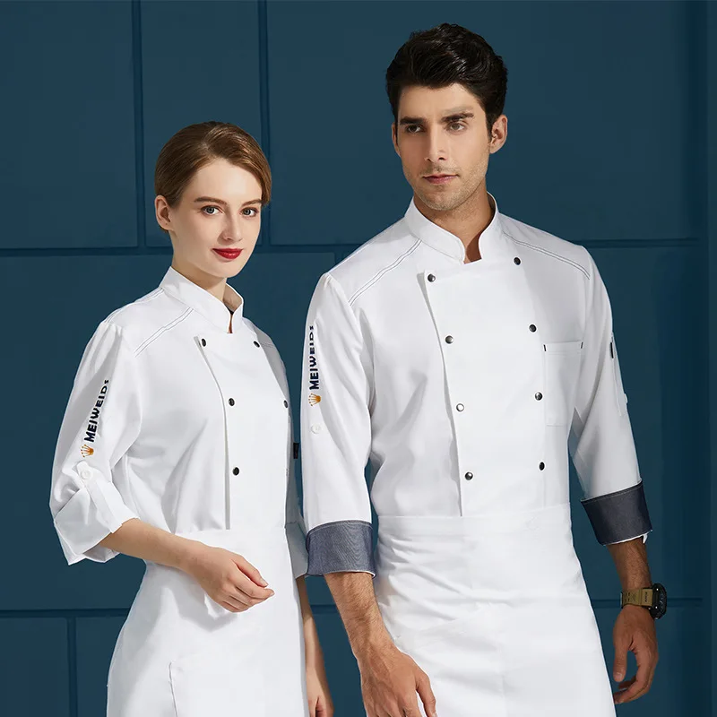 Jaqueta Chef de manga comprida masculina e feminina, Casaco de cozinha, Roupa de Chef, Cantina, Restaurante, Hotel, Garçom, Moda