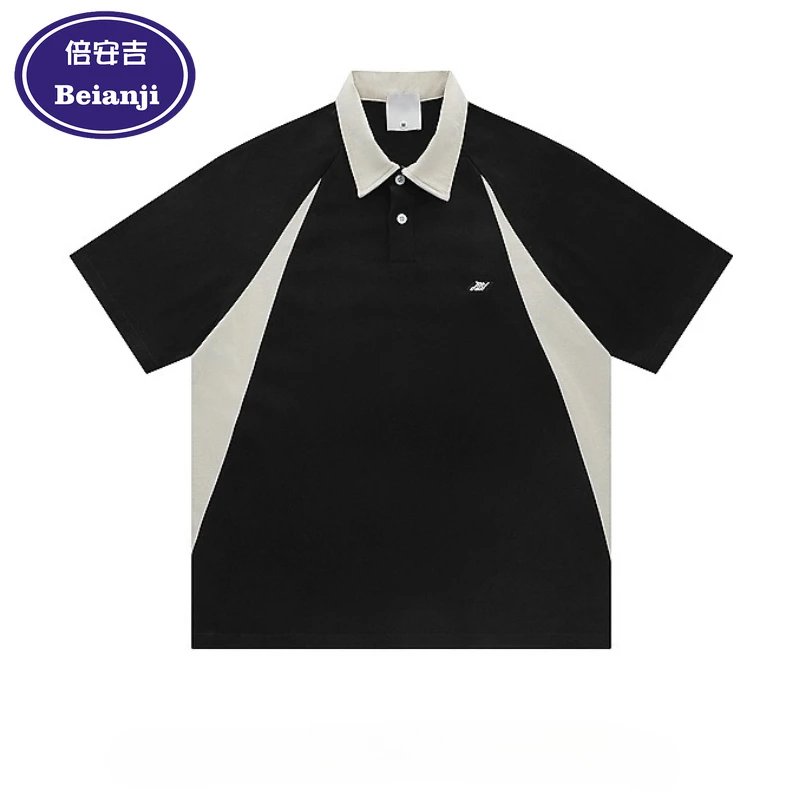 

2025 American Retro POLO Shirt Short Sleeve Men's Contrasting Color Splicing Personality Ruffian Handsome Loose Teen Half Sleeve