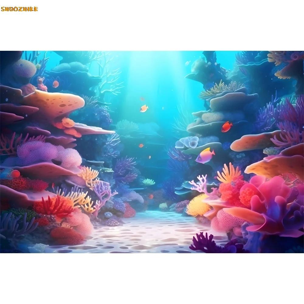 Under Sea Seabed World Photography Backdrop Underwater Marine Coral Seaweed Fishes Aquarium Baby Portrait Photo Background Props