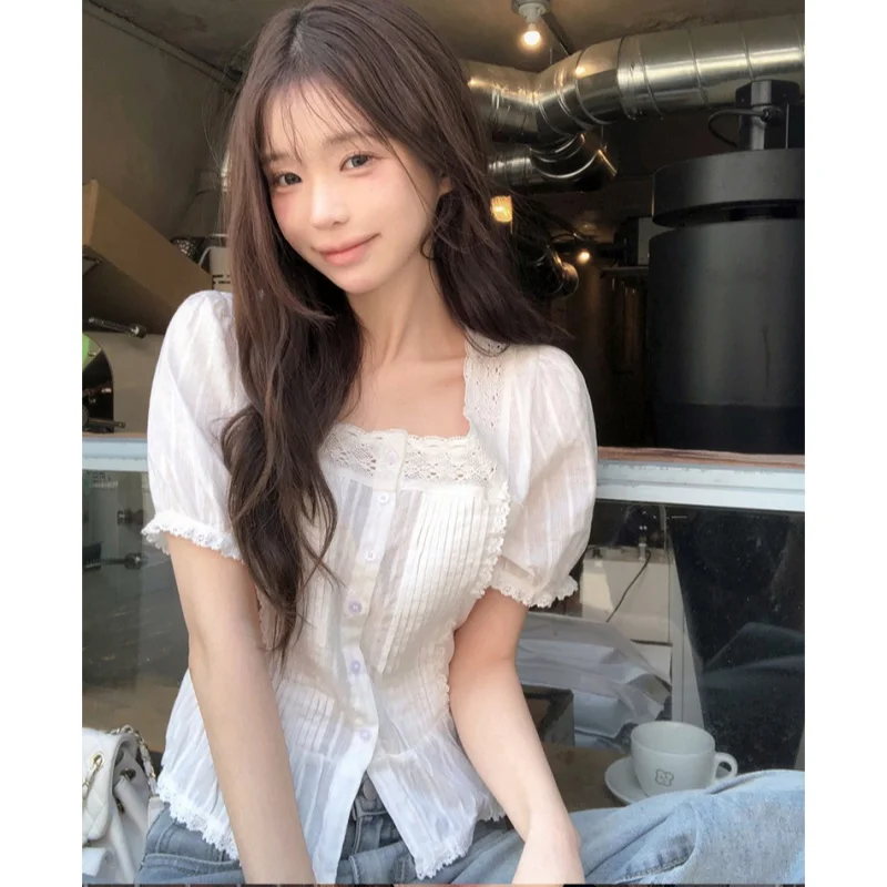Elegant Style White Peach Flavor Girl's Shirt Square Collar Lace Accordion Pleat Blouse Skin-friendly Breathable Long Sleeve