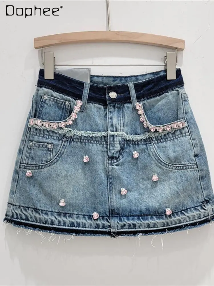 

Women's Spring and Summer Exquisite Rhinestone Short Denim Skirt 2023 New Micro-elastic High Waist Anti-Exposure Mini Pantskirt