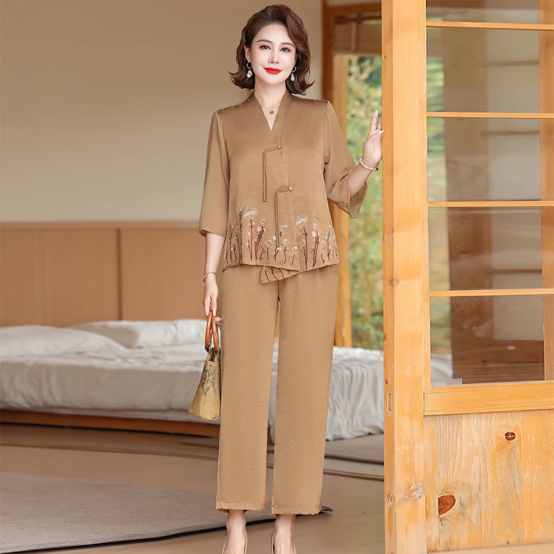 

Middle-aged summer national style chiffon suit women's 2024new cropped sleeve top Pants suit Lady Y2K elegant two-piece suit 5XL