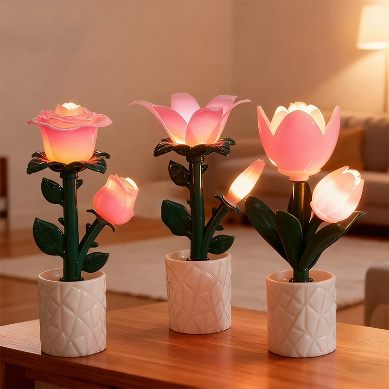 Pink Flower LED Night Light Table Lamp Tulip/Rose/Azure Orchid Warm White Ambient Lamp Building Block Style Desktop Decoration