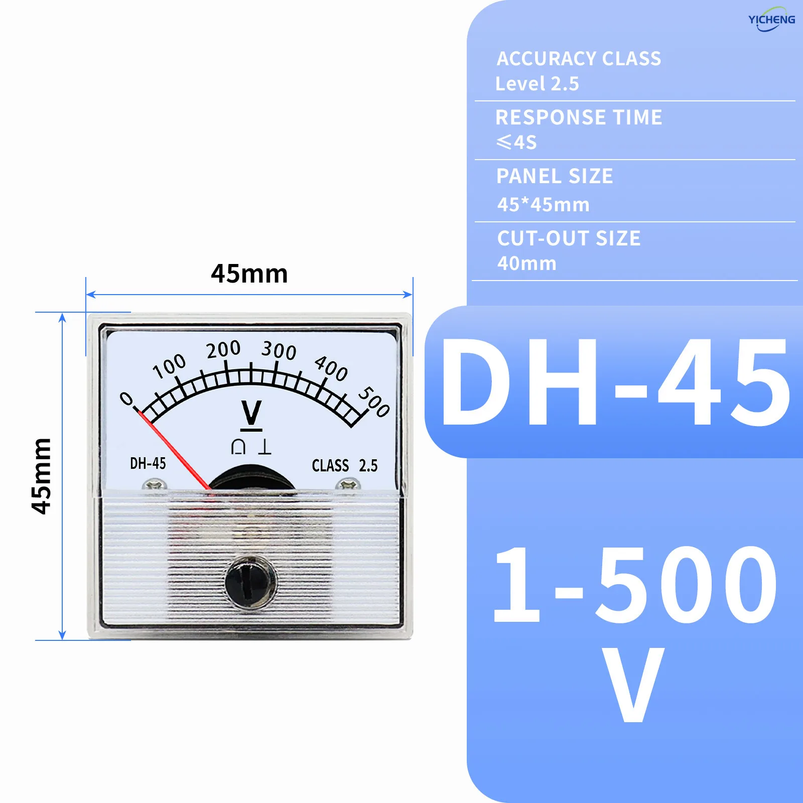 YICHENG Voltmeter Pointer Meter, DC/AC 1V~1000V, DH Series Panel Size 45mm/55mm/60mm/65mm/80mm. Direct Connection