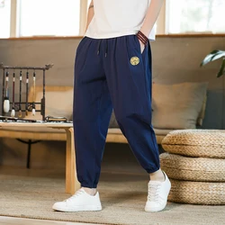 Summer Casual Chinese Style Cotton Linen Ninth Pants Men Fashion   Embroidery Loose Harem Pants Men's Street Jogging Pants