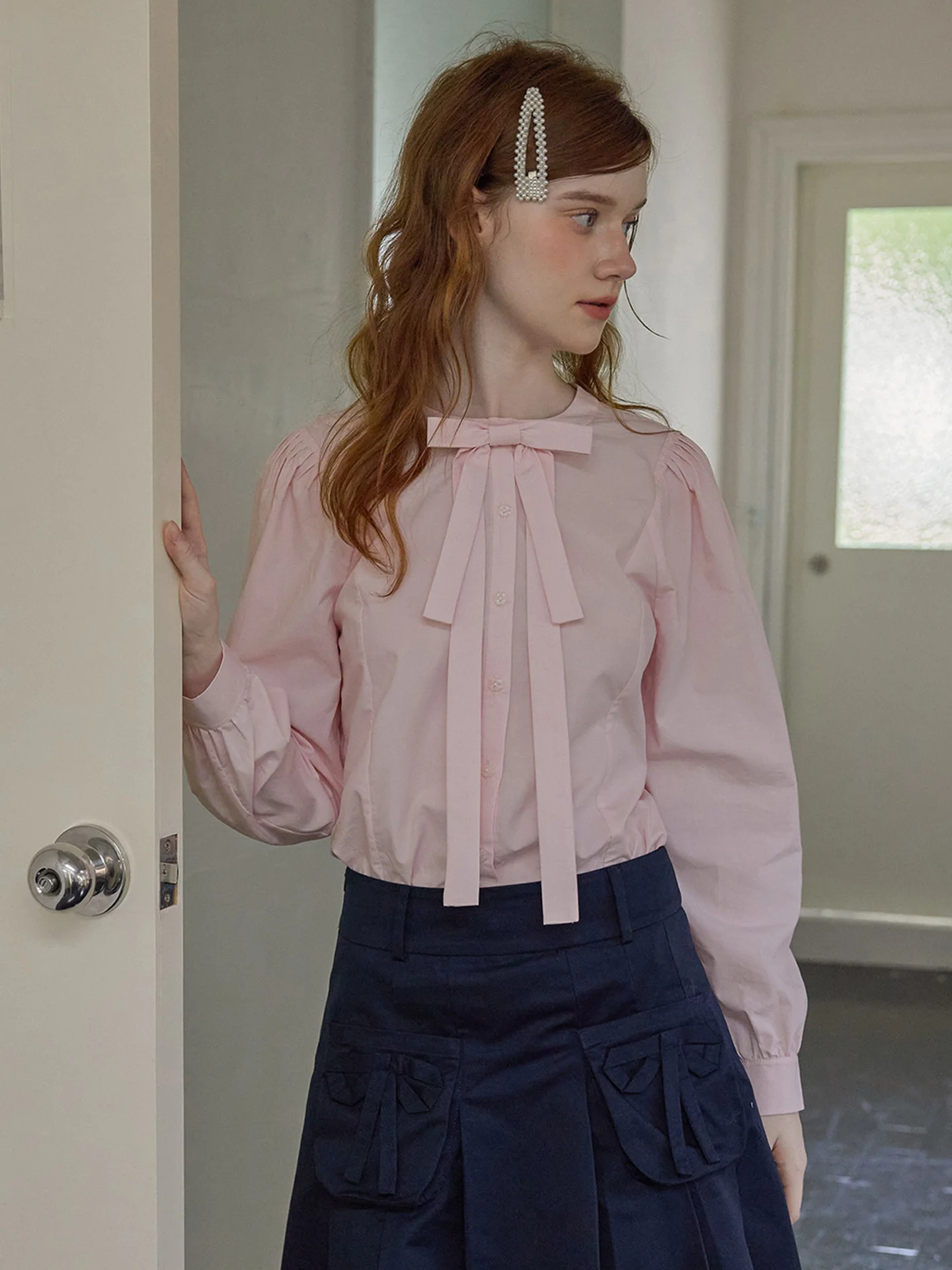 Sweet Detachable Knot Shirt Pink Girl Style Unique Beautiful Bubble Sleeve Top for Commute Cotton Blend Button up