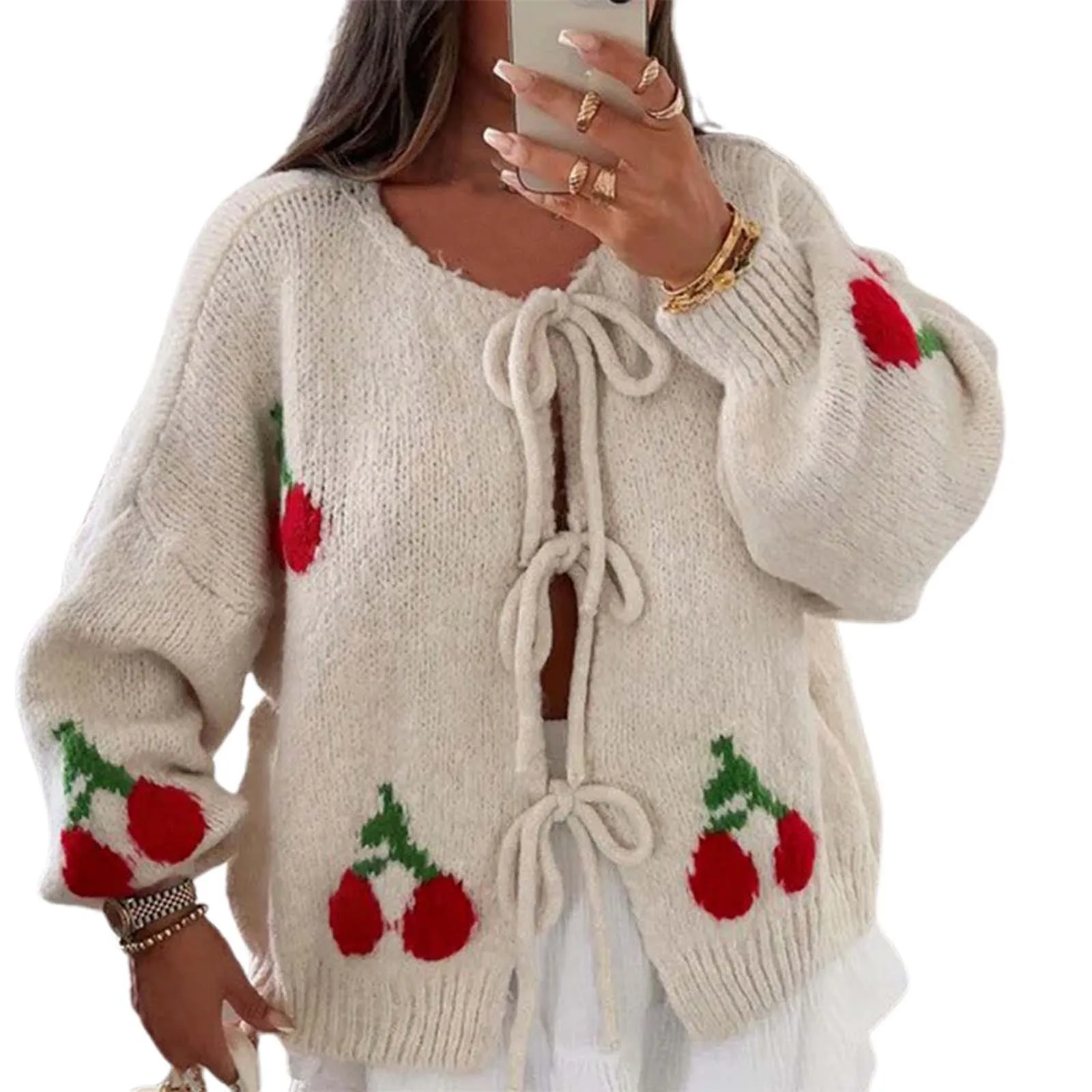 Women's Tie Front Knit Cardigan 2024 New Oversized Long SleeveLoose Sweater Cherry Pattern Cardigan Streetwear Fall Winter