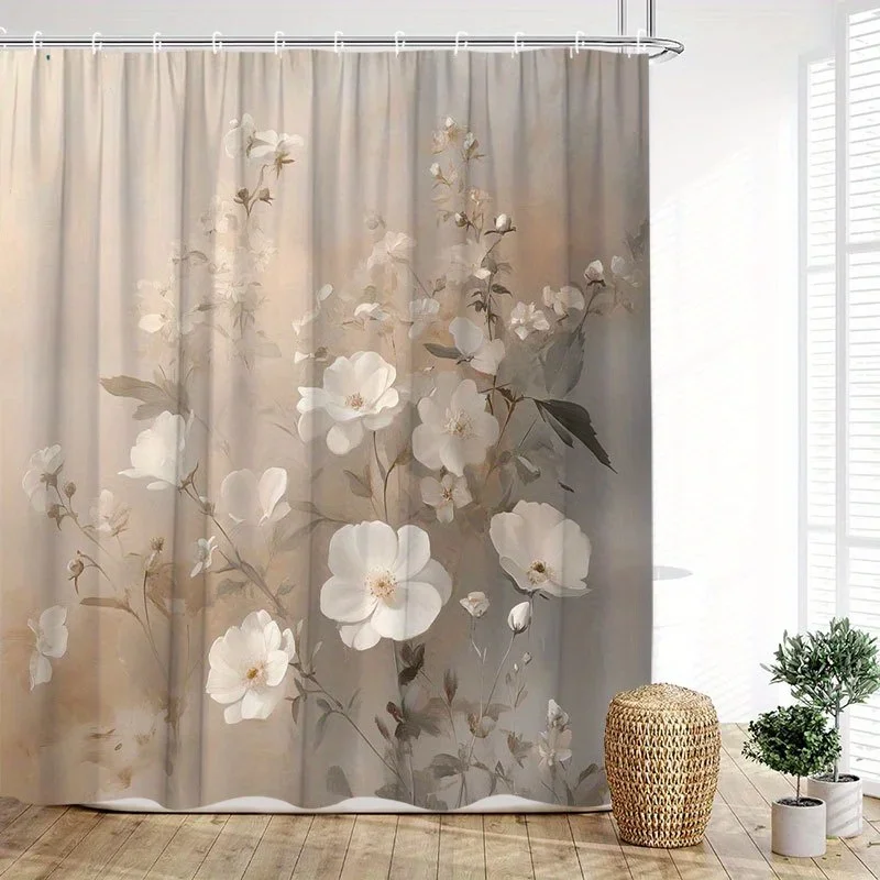 

~O~1pc White Flowers Bouquet Shower Curtain - Elegant Gradient Background, 70.8x70.8", Polyester, 12 Hooks, Romantic Ambiance