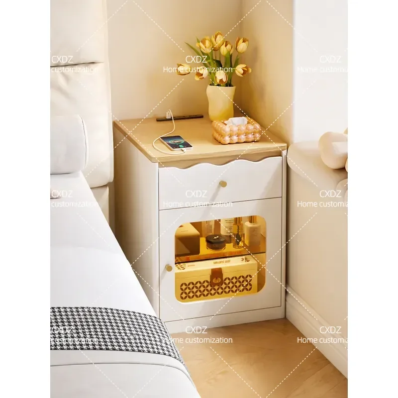 Creative solid wood cream wind bedside table bookshelf integrated household bedroom small apartment storage cabinet bedside