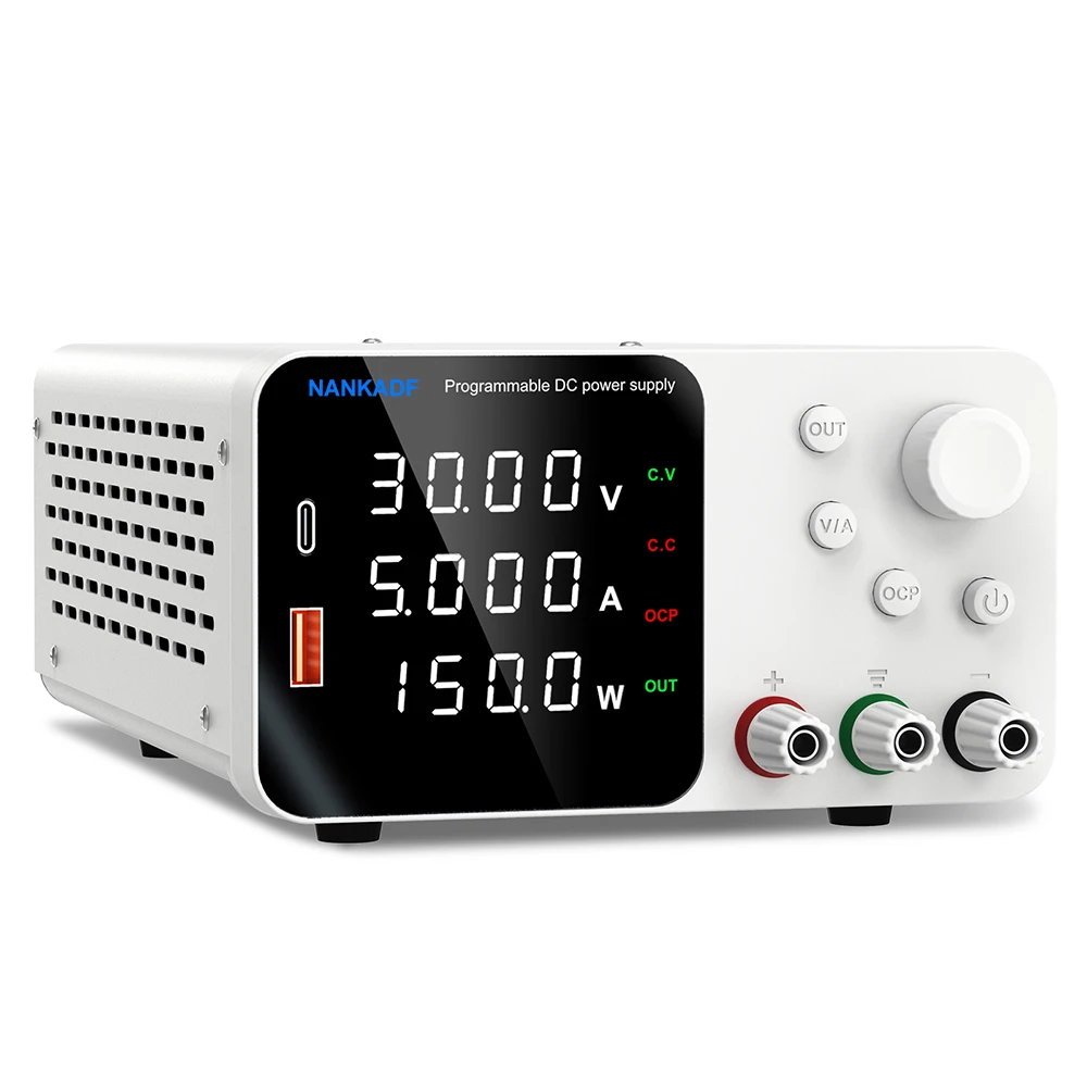 To 30V 10A Lab Adjustable DC Power Supply with 4-Digit LED Display; USB-A/Type-C 5V/3.6A Fast Charge with Encoder Adjustment