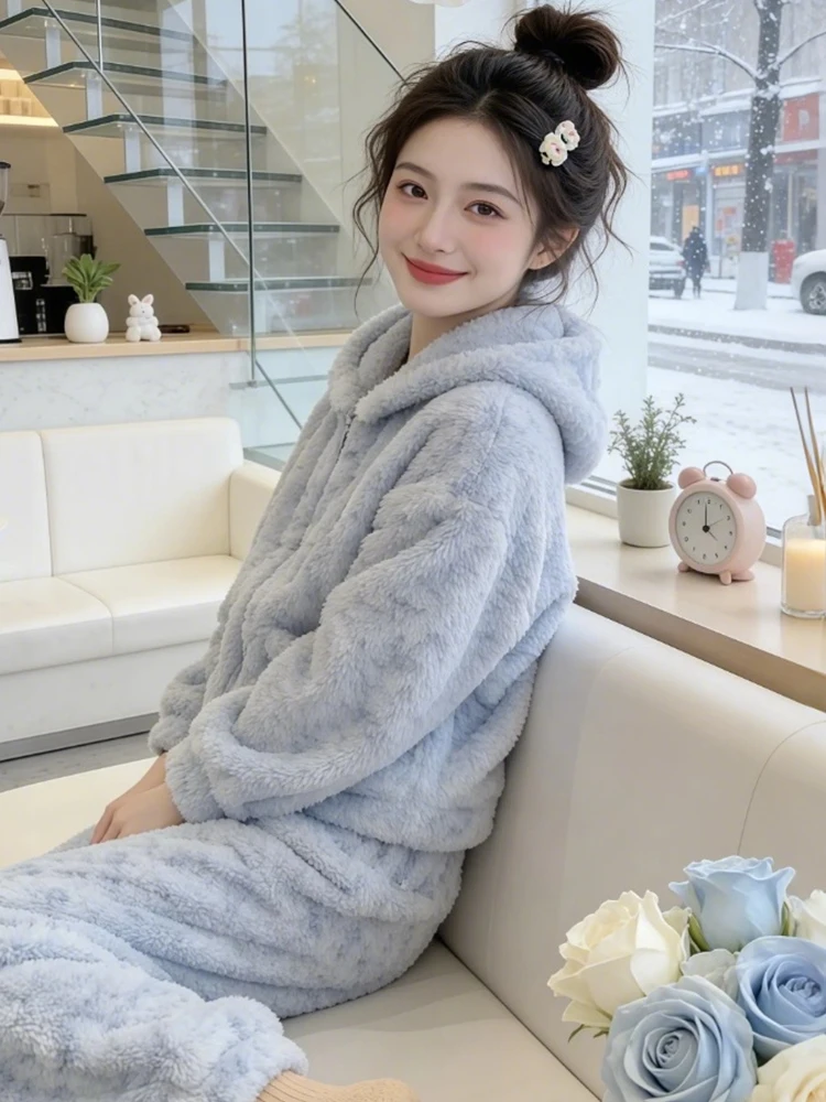 

Winter Warm Plu Hooded Jaet High Waist Wide Leg Pants Women's Set Cozy Blue Wrap Casual Faion plus Size Office Home