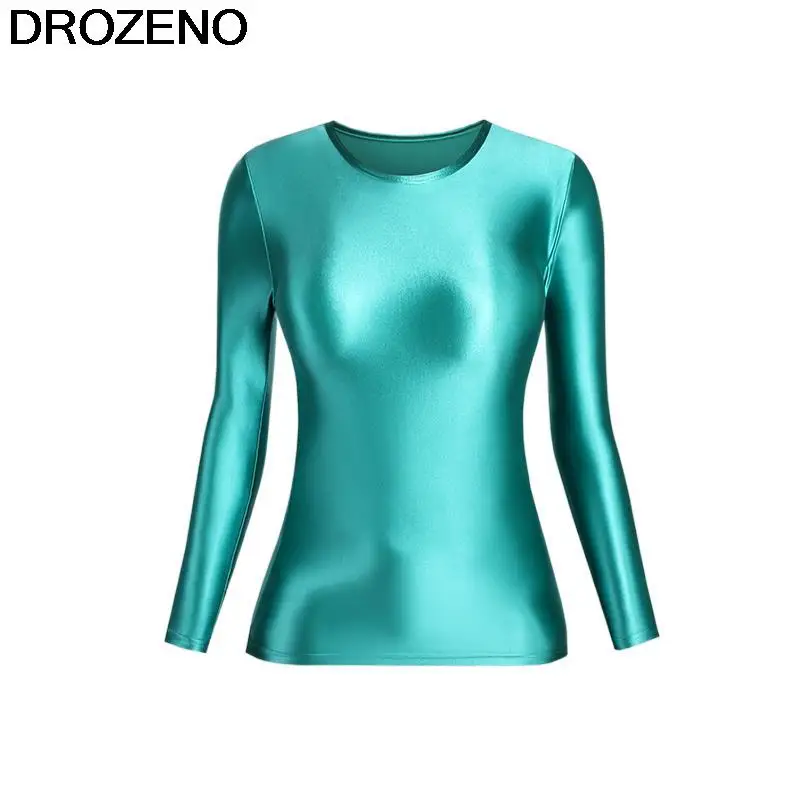 Stretch Shiny Glossy Silky Bottoming Shirt Women's Long Sleeve Tight Color Clothes Tops Yoga Clothes Solid Color Women's T-shirt