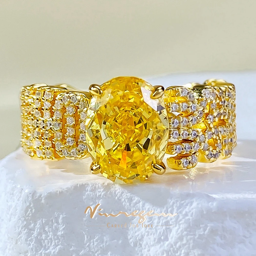 

Vinregem 7*9 MM Oval Cut Citrine High Carbon Diamond Gemstone Ring for Women 18K Gold Plated 925 Sterling Silver Wedding Jewelry