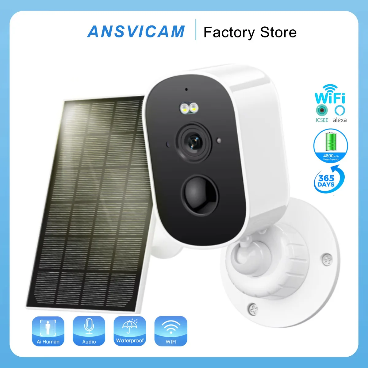 ANSVICAM Outdoor Wireless Solar WiFi Camera 1080P Full HD with PIR Infrared Body Sensing and Low Power for Security Surveillance