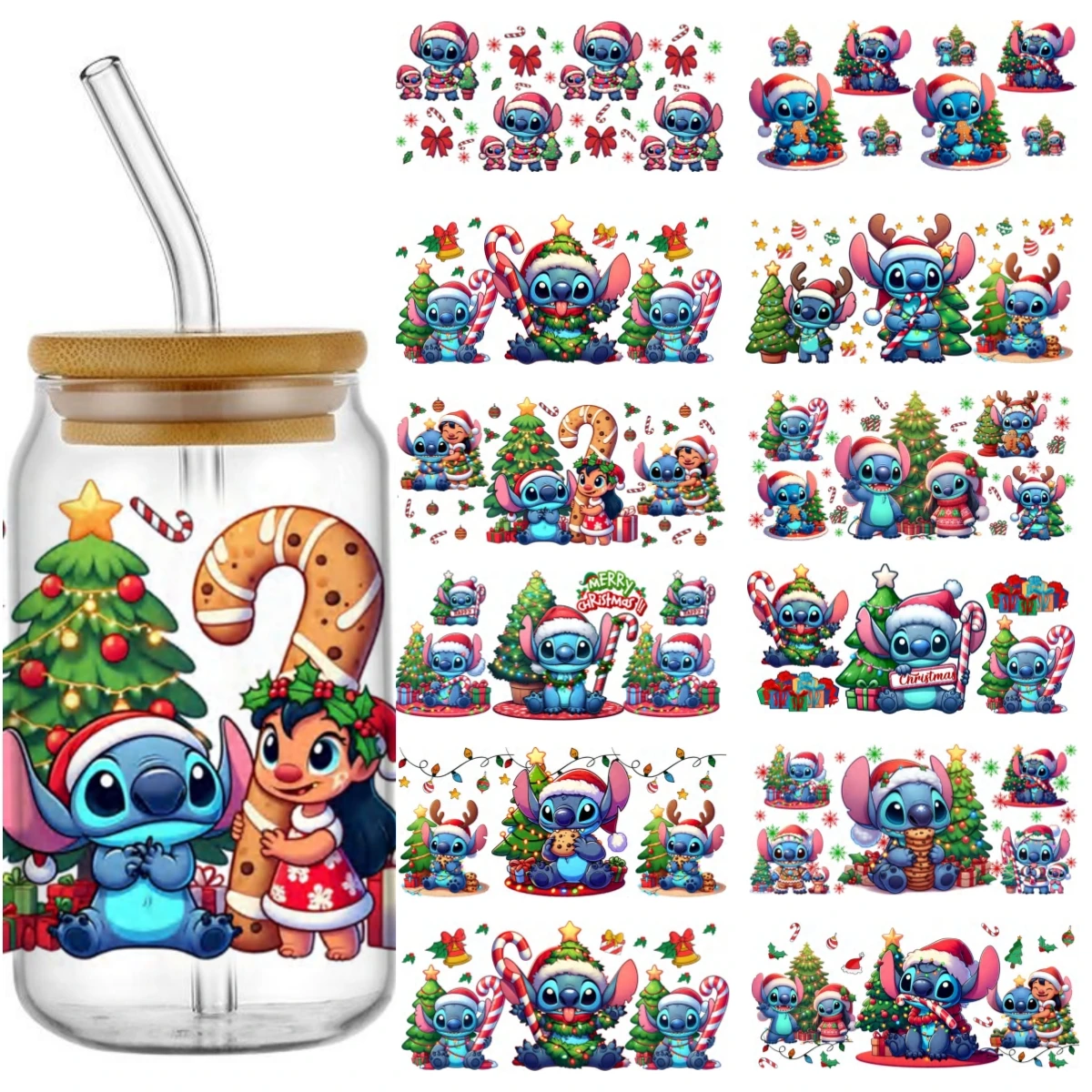 

Miniso Christmas Stitch Cute pattern High-Quality Wraps 16oz Glass Cup UV DTF Wrap Transfer Decals