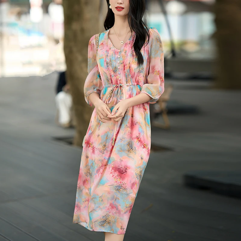 100% Real Silk Summer Dresses for Women Elegant V-neck Drawstring Holiday Dress Vintage Women's Print Long Dress A-line