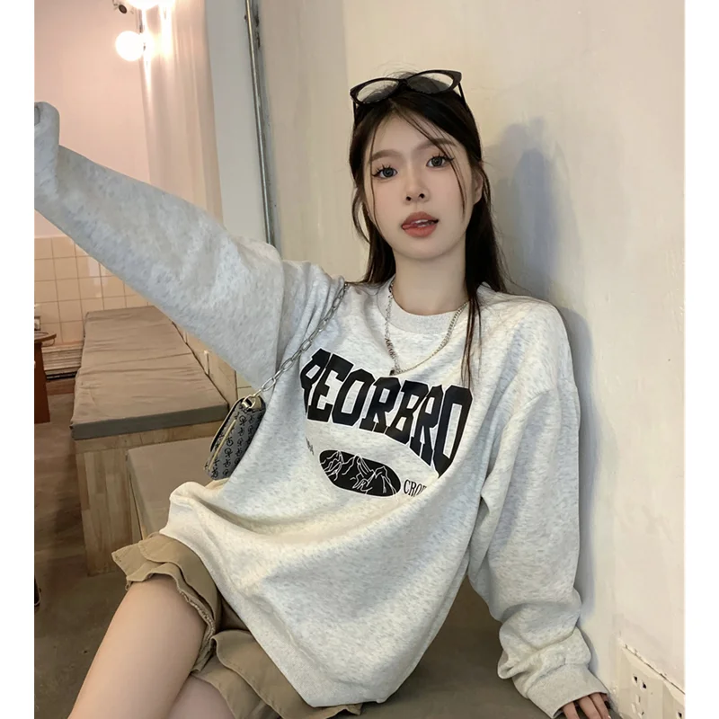 Women Light Grey Sweatshirt Letter Printing Crew Neck Korean New Fashion Lazy Wind Baggy Long Sleeves Pullover Tops Winter